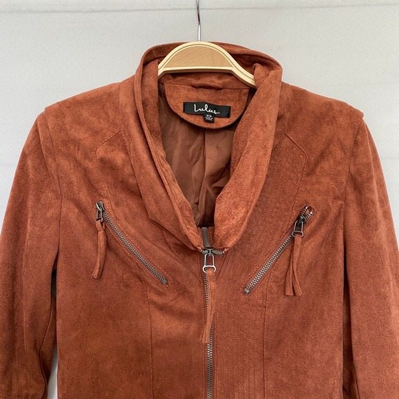 Lulus Faux Suede Moto Jacket Women Size XS Rust Bikercore Edgy Draped Cowl Neck - Picture 4 of 11